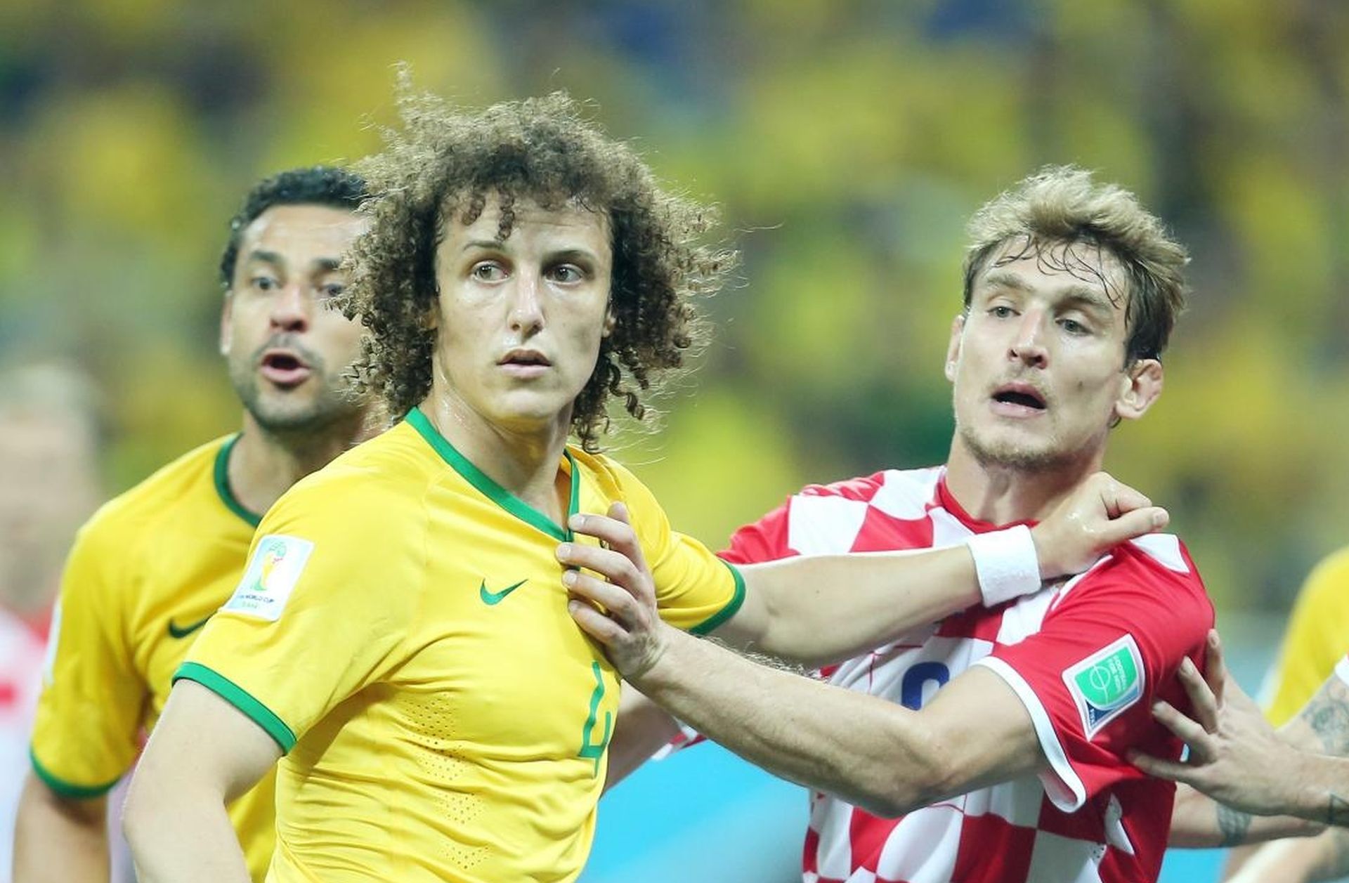 12.06.2014., Sao Paulo, Brazil - Svjetsko nogometno prvenstvo, Brazil - Hrvatska. David Luiz, Nikica Jelavic, Vedran Corluka. 
Photo: Sanjin Strukic/PIXSELL