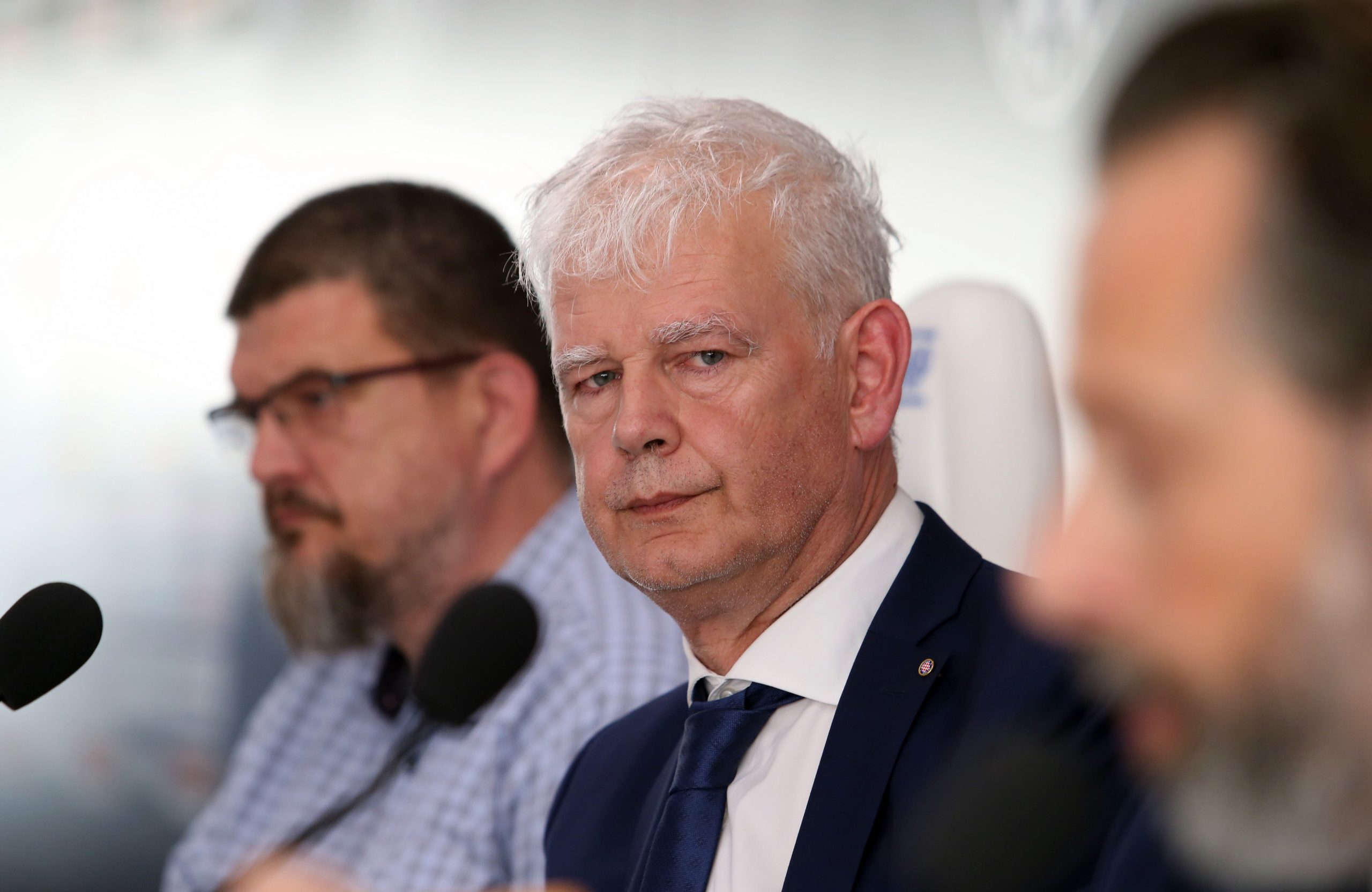 19.07.2019., Split - Celnici Hajduka odrzali konferenciju za medije. Okupljenim novinarima su se obratli Marin Brbic, Luksa Jakobusic, Benjamin Perasovic i Sasa Bjelanovic.
Photo: Ivo Cagalj/PIXSELL