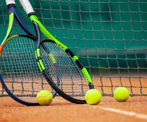 Two tennis rackets and balls leaned against the net.