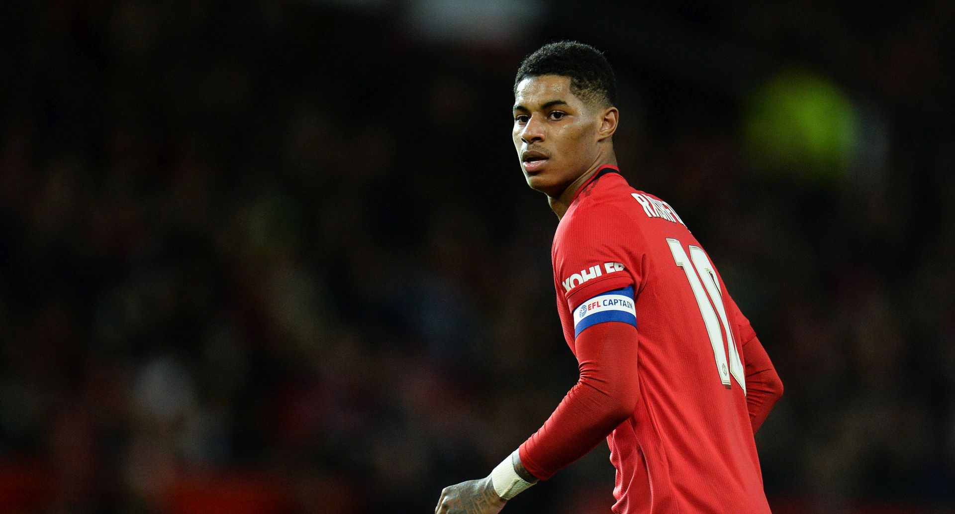 epa08488676 (FILE) - Manchester United's Marcus Rashford in action during the Carabao Cup first round semi-final soccer match between Manchester United and Manchester City held at Old Trafford in Manchester, Britain, 07 January 2020 (re-issued on 16 June 2020). Rashford was successfull on is campaign to provide free school meals to 1.3 million children in England amid the ongoing COVID-19 coronavirus pandemic. On 16 June 2020 the English government announced to have agreed to extend for other six-weeks the free school meals vouchers for eligible children.  EPA/PETER POWELL EDITORIAL USE ONLY.  No use with unauthorized audio, video, data, fixture lists, club/league logos or 'live' services. Online in-match use limited to 120 images, no video emulation. No use in betting, games or single club/league/player publications. *** Local Caption *** 55750386