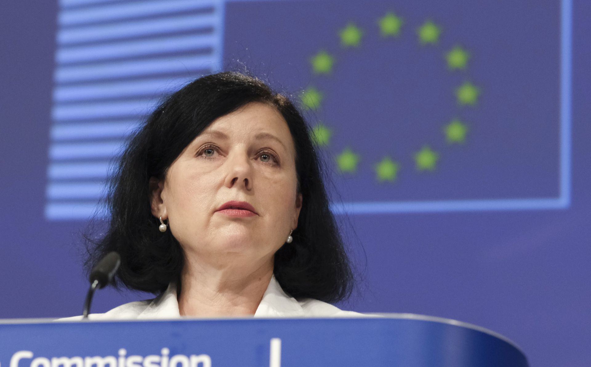 epa08505667 European Commissioner for Values and Transparency Vera Jourova gives a press conference on EU rules on data protection (GDPR) and the new EU Strategy on victims' rights in Brussels, Belgium, 24 June 2020.  EPA/OLIVIER HOSLET / POOL