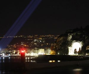 epa08546372 View of the 86 tribute lights on the Promenade des Anglais during the commemorative ceremony marking the anniversary of the 2016 terror attack in Nice, France, 14 July 2020. Eighty-six people died, and many were wounded when a truck drove into the crowd on the Promenade des Anglais during celebrations of Bastille Day in Nice on 14 July 2016.  EPA/SEBASTIEN NOGIER