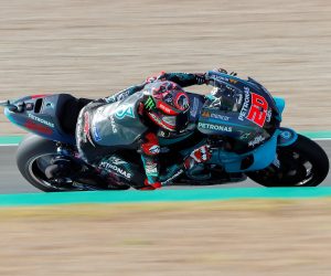 epa08551374 French MotoGP rider Fabio Quartararo of Petronas Yamaha SRT team is seen during the free training session at Jerez circuit in Jerez de la Frontera, Spain, 17 July 2020. Spain's Red Bull Grand Prix Moto GP Jerez will take place from 17-19 July 2020 at Jerez-Angel Nieto circuit.  EPA/ROMAN RIOS