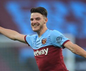 epa08552782 West Ham United's English midfielder Declan Rice celebrates after scoring their third goal  during the English Premier League match between West Ham United and Watford FC in London, Britain, 17 July 2020.  EPA/Adam Davy/NMC/Pool EDITORIAL USE ONLY. No use with unauthorized audio, video, data, fixture lists, club/league logos or 'live' services. Online in-match use limited to 120 images, no video emulation. No use in betting, games or single club/league/player publications.