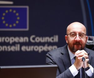 epa08553180 President of the European Council Charles Michel looks on at the start of the second day of an EU summit in Brussels, Belgium, 18 July 2020. European Union nations leaders meet face-to-face for the first time since February to discuss plans responding to coronavirus crisis and new long-term EU budget at the special European Council on 17 and 18 July.
