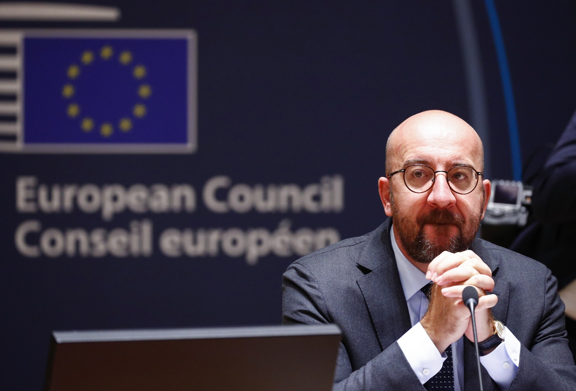 epa08553180 President of the European Council Charles Michel looks on at the start of the second day of an EU summit in Brussels, Belgium, 18 July 2020. European Union nations leaders meet face-to-face for the first time since February to discuss plans responding to coronavirus crisis and new long-term EU budget at the special European Council on 17 and 18 July.