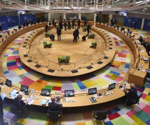 epa08553224 A general view of the second day of an EU summit in Brussels, Belgium, 18 July 2020. European Union nations leaders meet face-to-face for the first time since February to discuss plans responding to coronavirus crisis and new long-term EU budget at the special European Council on 17 and 18 July.