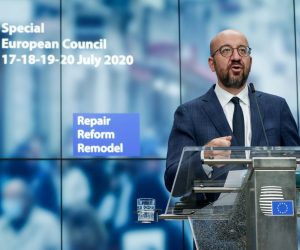 epa08557667 European Council President Charles Michel speaks during a news conference following a four day European summit at the European Council in Brussels, Belgium, 21 July 2020. European Union nations leaders meet face-to-face for a fourth day to discuss plans to respond to the coronavirus pandemic and a new long-term EU budget.  EPA/STEPHANIE LECOCQ / POOL