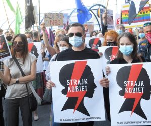 epa08565316 Protesters holding placards 'Women's Strike' take part in a demonstration against government's plans to terminate the Istambul Convention in Warsaw, Poland, 24 July 2020 (issued 25 July 2020). Thousands of protesters went to the streets to protest against Polish government announcement to terminate the Council of Europe Istambul Convention on Action against violence against women and domestic violence.  EPA/RADEK PIETRUSZKA POLAND OUT