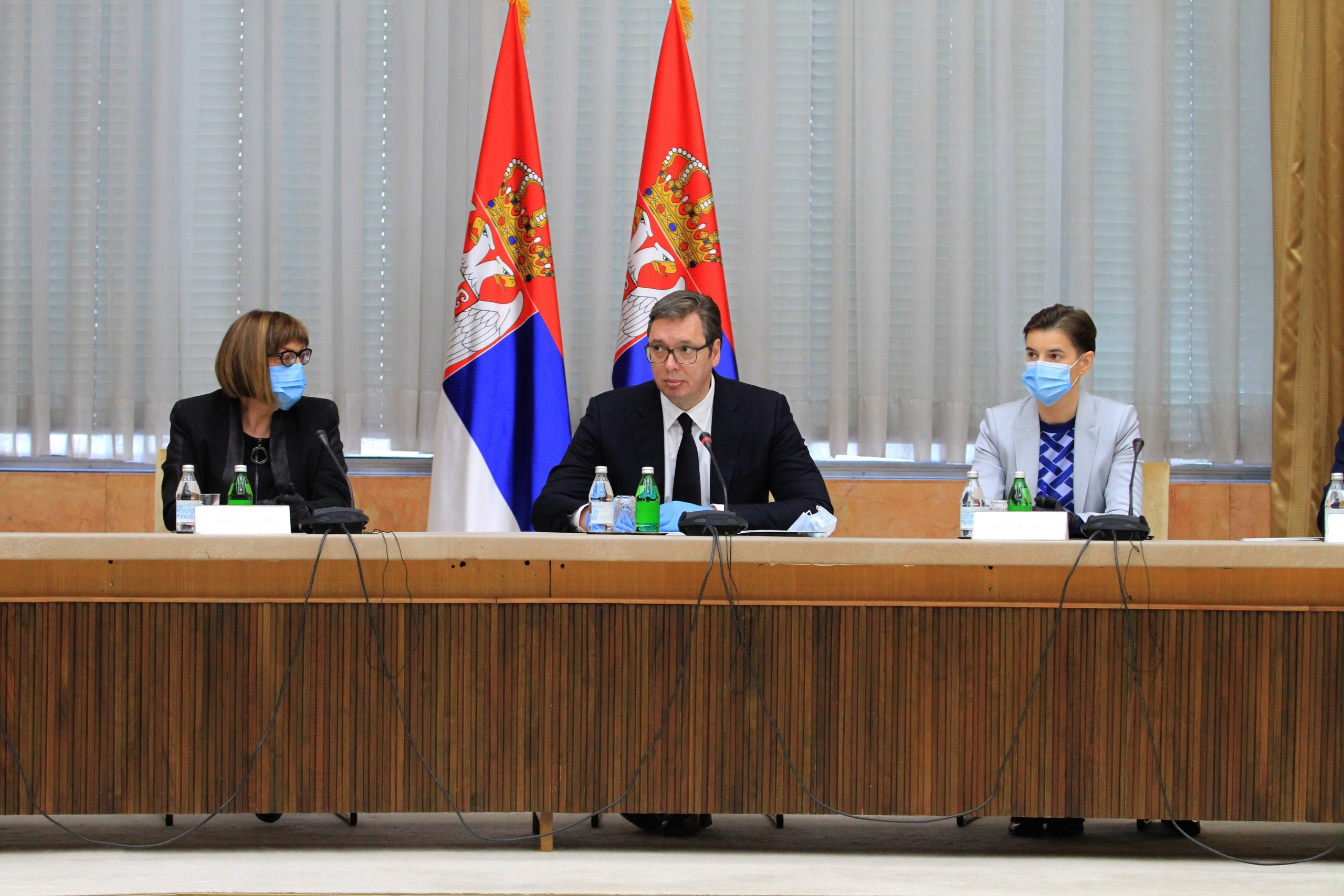 04, May, 2020, Belgrade - At the Palace of Serbia, President of Serbia Aleksandar Vucic met with representatives of parties that announced participation in the upcoming parliamentary elections. Maja Gojkovic, Aleksandar Vucic, Ana Brnabic. Photo: A. K./ATAImages

04, maj, 2020, Beograd - U Palati Srbija predsednik Srbije Aleksandar Vucic sastao se sa predstavnicima stranaka koje su najavile ucesce na predstojecim parlamentarnim izborima. . Photo: A. K./ATAImages