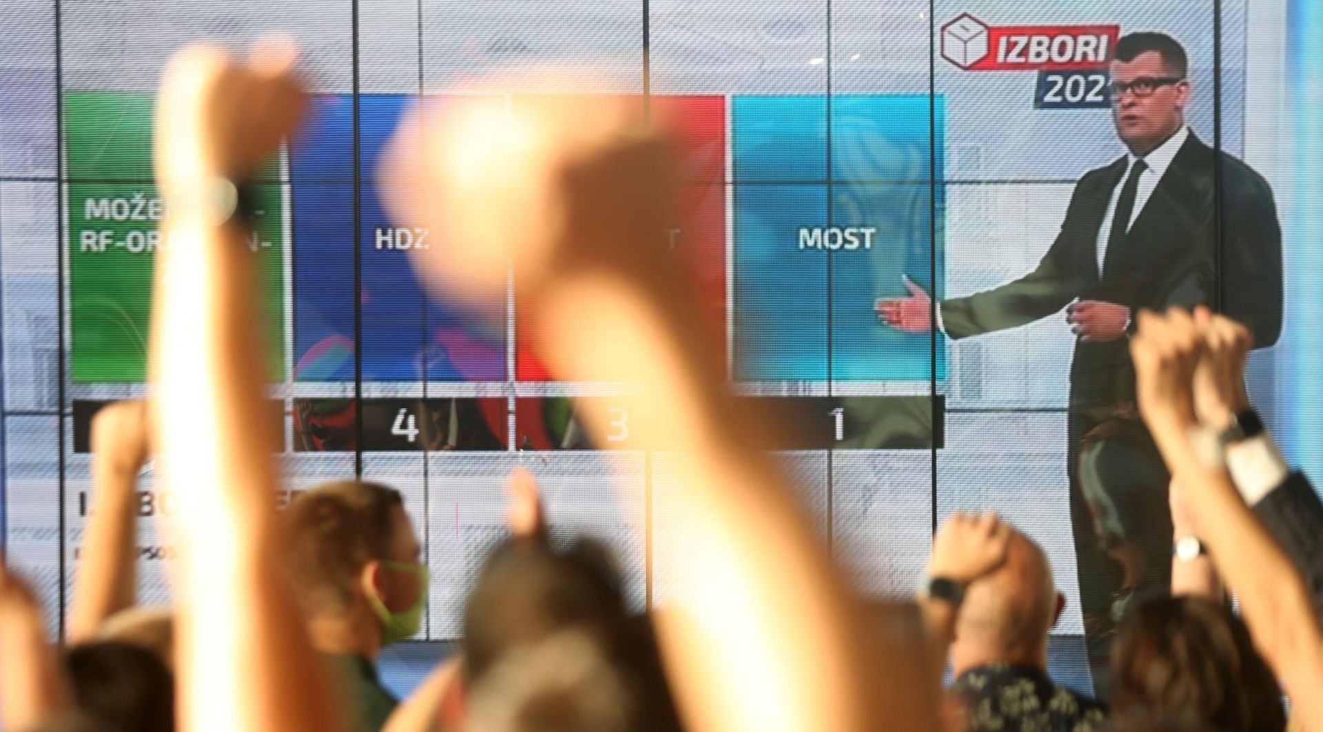 05.07.2020., Zagreb - Koalicija Mozemo! koju cine Nova ljevica, Radnicka fronta, ORAH, Zagreb je nas i Za Grad izborne rezultate docekala je na platou Muzeja suvremene umjetnosti. Photo: Marin Tironi/PIXSELL
