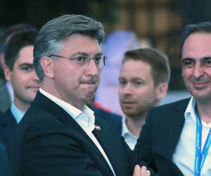 05.07.2020., Zagreb - Docek izbornih rezultata u stozeru HDZ-a u Arheoloskom muzeju. Stigli prvi nesluzbeni rezultati parlamentarnih izbora, HDZ-u cak 69 mandata.Andrej Plenkovic, Vili Beros ,  Gari Cappelli , Mario Kapulica Photo: Sanjin Strukic/PIXSELL