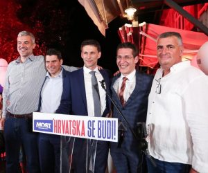05.07.2020., Zagreb - Docek izbornih rezultata u stozeru Mosta u restoranu Rougemarin. Nikola Grmoja, Nino Raspudic, Miro Bulj , Bozo Petrov Photo: Emica Elvedji/PIXSELL