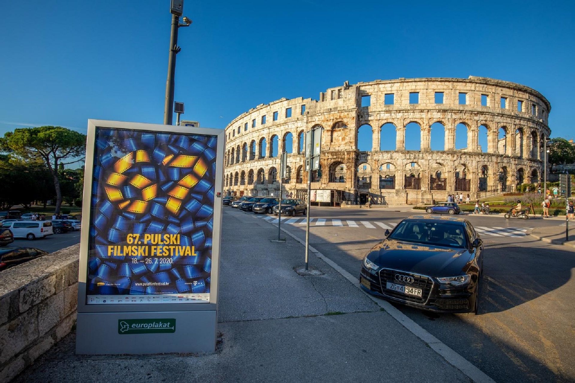 10.07.2020.., Pula - 
Istarski zupanijski stozer na cijem je celu nacelnik Dino Kozlevac potvrdio: otkazuje se ovogodisnji Pula film festival, Motovun film festival i Jazz festival u Groznjanu . Na fotografiji plakat 67 Pula film festival ispred najveceg otvorenog kina Pulske Arene.
Photo: Srecko Niketic/PIXSELL