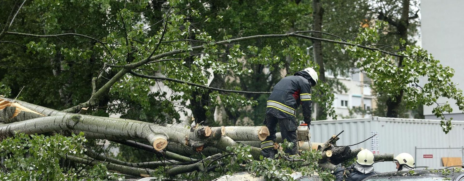 13.05.2019., Zagreb - Vatrogasci intervenirali u naselju Sopot gdje se stablo uslijed jakog vjetra srusilo na pet parkiranih automobila.

Photo: Luka Stanzl/PIXSELL