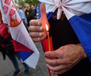 14.05.2020., Beograd, Srbija - Skup podrske episkopu budimljansko-niksickom Joanikiju i svecenstvu Srpske pravoslavne crkve u Crnoj Gori koji su uhiceni u subotu nakon Svetovasilijevske litije u Niksicu koja je krsila zabranu okupljanja. Photo: Srdjan Ilic/PIXSELL