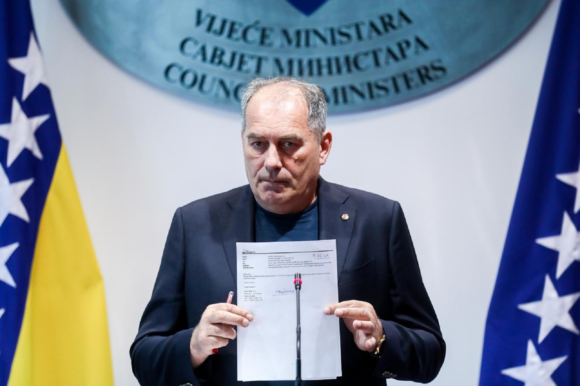 29.10.2019., Sarajevo, Bosna i Hercegovina - 
Konferencija za medije ministra sigurnosti Bosne i Hercegovine Dragana Mektica na kojoj je s novinarima razgovarao o aktualnim temama, pozara na Treskavici i migrantskoj krizi. Photo: Armin Durgut/PIXSELL