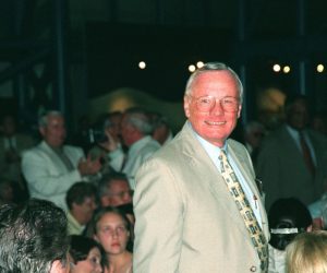 KENNEDY SPACE CENTER, FLA. -- Former Apollo 11 astronaut Neil A. Armstrong stands to a round of applause after being introduced at the anniversary banquet honoring the Apollo team, the people who made the entire lunar landing program possible. The banquet was held in the Apollo/Saturn V Center, part of the KSC Visitor Complex. This is the 30th anniversary of the Apollo 11 launch and moon landing, July 16 and July 20, 1969. Neil Armstrong was the first man to set foot on the moon. He appeared at the banquet with other former astronauts Edwin "Buzz" Aldrin, Gene Cernan, Walt Cunningham and others