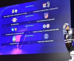 epa08538367 A handout photo made available by UEFA shows the fixtures of UEFA Champions League 2019/20 quarter-final draw at the UEFA headquarters, The House of European Football in Nyon, Switzerland, 10 July 2020.  EPA/Harold Cunningham / UEFA HANDOUT  HANDOUT EDITORIAL USE ONLY/NO SALES HANDOUT EDITORIAL USE ONLY/NO SALES