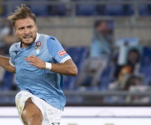 epa08573343 Lazio's Ciro Immobile scores the 2-0 goal  during Italian Serie A soccer match between SS Lazio and Brescia Calcio at Olimpico Stadium in Rome,29 July 2020.  EPA/MAURIZIO BRAMBATTI