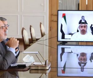 epa08580873 A handout picture made available by the Iranian foreign ministry office shows Iranian foreign minister Mohammad Javad Zarif talks to his UAE counterpart Sheikh Abdullah bin Zayed Al Nahyan (R-on the screen) during a video meeting from Tehran, Iran, 02 August 2020.  EPA/IRAN FOREIGN MINISTRY OFFICE /HANDOUT  HANDOUT EDITORIAL USE ONLY/NO SALES