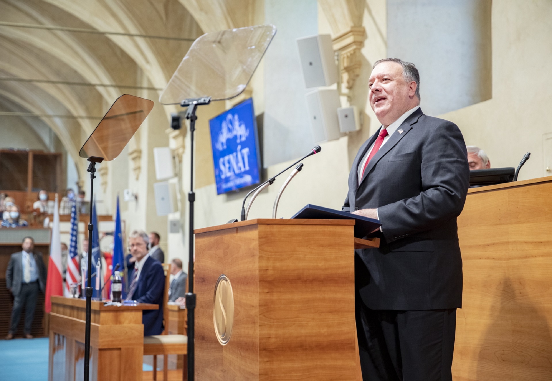 epa08599394 A handout photo made available by the Senate Chancellery shows US Secretary of State Mike Pompeo deliver a speech in the parliament's upper house, the Senate, in Prague, Czech Republic, 12 August 2020. Pompeo is on an official two-day visit to the Czech Republic and he starts there his tour of four European countries.  EPA/The Senate Chancellery / HANDOUT  HANDOUT EDITORIAL USE ONLY/NO SALES