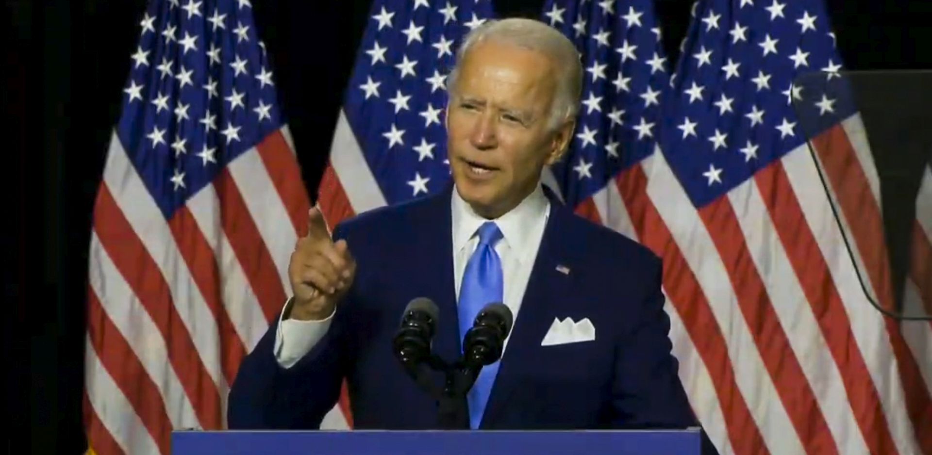 epa08600059 A frame grab image taken from the Biden Harris livestream feed shows former US Vice President and presumptive Democratic presidential nominee Joe Biden speaking during his introduction of California Senator Kamala Harris as his running mate in Wilmington, Delaware, USA, 12 August 2020.  EPA/USA BIDEN HARRIS HANDOUT  HANDOUT EDITORIAL USE ONLY/NO SALES