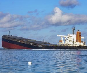 epa08602642 A general view of the MV Wakashio, a Japanese owned Panama-flagged bulk carrier after it ran aground off the southeast coast of Mauritius, 13 August 2020 (issued 14 August 2020). The ship was sailing from China to Brazil when it hit coral reefs near Pointe d'Esny on 25 July 2020. Oil from the grounded ship is damaging protected marine ecosystems. According to Prime Minister Pravind Jugnauth, who declared a state of environmental emergency, most of the oil has been removed from the ship. However, there are fears the ship could break up spilling more oil into the ocean. Containment booms have been set up in multiple locations nearby to try and contain the oil slick.  EPA/STRINGER