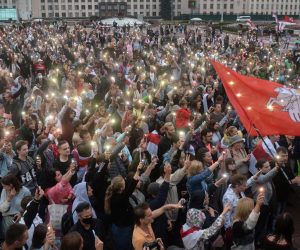 epa08613171 People attend a rally in support of the Belarusian Opposition to demonstrate against police brutality and the presidential election results in Minsk, Belarus, 19 August 2020. The Belarusian opposition has called for a general strike from 17 August, a day after tens of thousands of demonstrators gathered in the capital Minsk in peaceful protest. Long-time president Lukashenko, in a defiant speech on 16 August, rejected calls to step down amid mounting pressure after unrest erupted in the country over alleged poll-rigging and police violence at protests following election results claiming that he had won a landslide victory in the 09 August elections. Opposition leader Tikhanovskaya fled to Lithuania after rejecting the election result she claimed was rigged.  EPA/YAUHEN YERCHAK