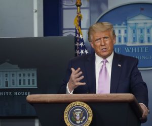 epa08613636 US President Donald J. Trump holds a news briefing at the White House, in Washington, DC, USA, 19 August 2020.  EPA/Chris Kleponis / POOL