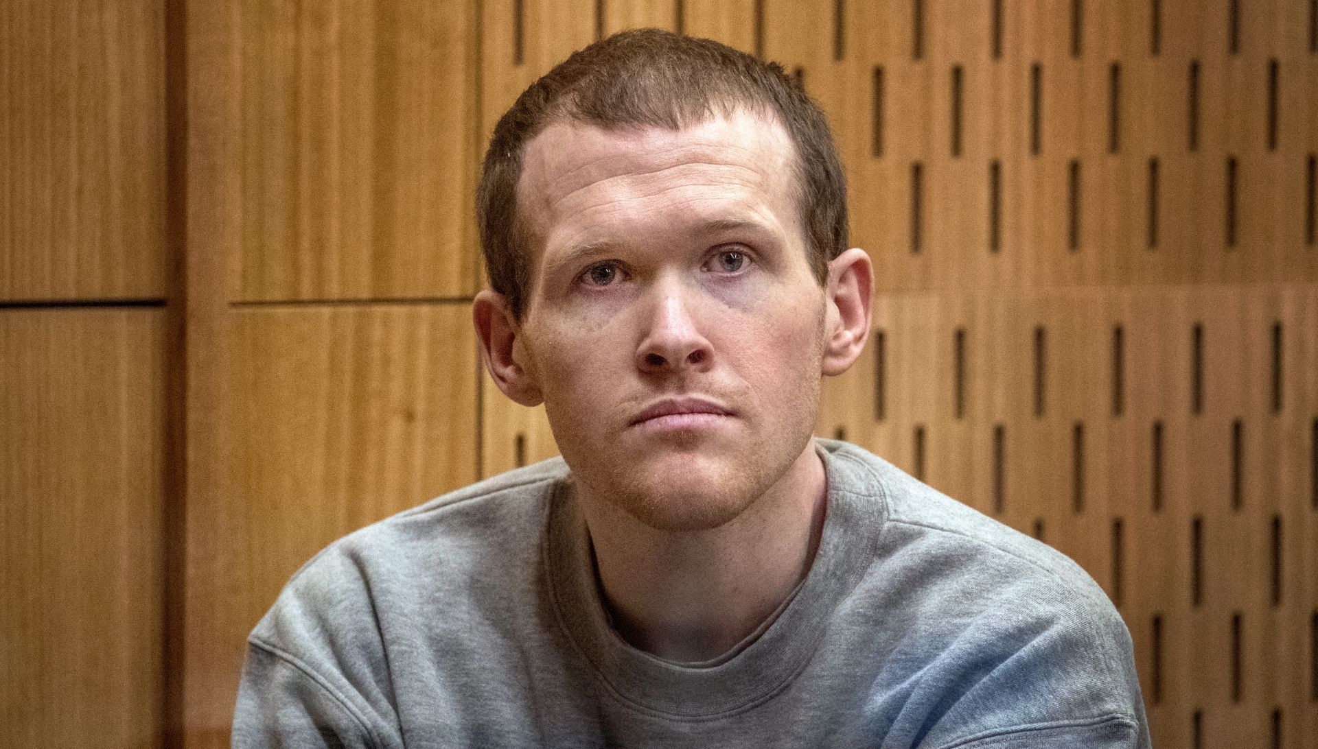 epa08621395 Brenton Tarrant during sentencing at the High Court in Christchurch, New Zealand, 24 August 2020. Australian white supremacist Brenton Tarrant will be sentenced on 24 August for terrorism, 51 murders and 40 attempted murders, for his attack on two mosques in Christchurch in 2019.  EPA/JOHN KIRK-ANDERSON / POOL AUSTRALIA AND NEW ZEALAND OUT