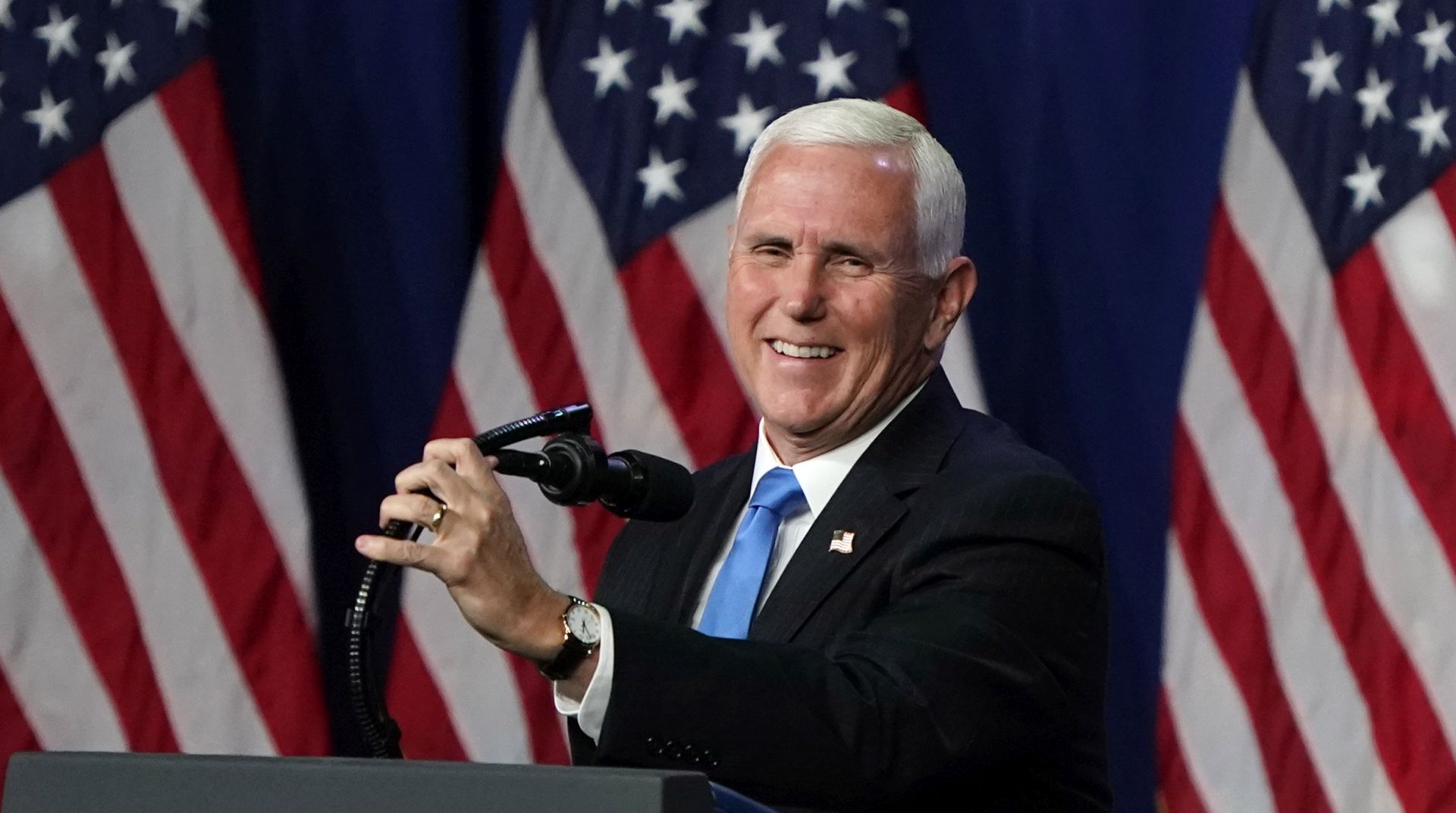 epa08622667 US Vice President Mike Pence speaks during the first day of the Republican National Convention (RNC) in Charlotte, NC, USA, 24 August 2020. The 2020 RNC is scheduled for 24 to 27 August 2020 and expected to nominate incumbent US President Trump to run for a second term as the Republican party's candidate.  EPA/Chris Carlson / POOL