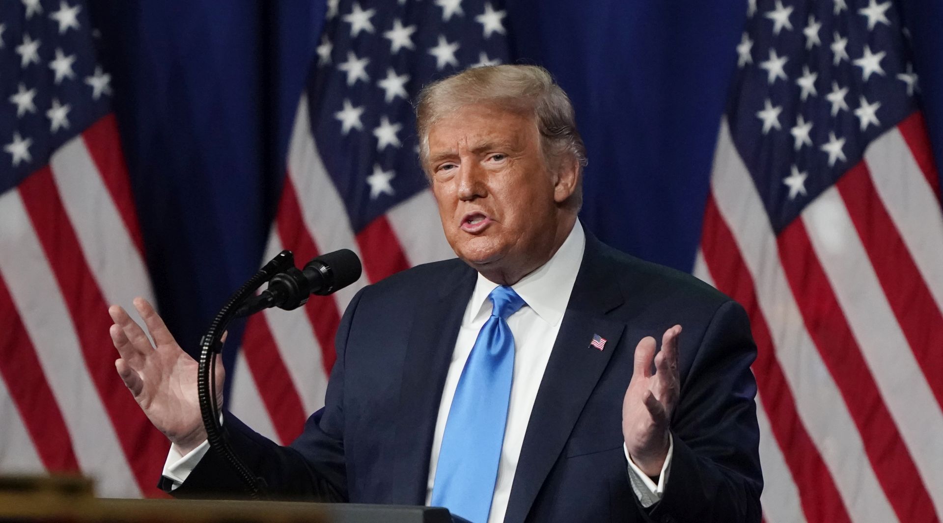 epa08622789 US President Donald J. Trump speaks during the first day of the Republican National Convention (RNC) in Charlotte, North Carolina, USA, 24 August 2020. The 2020 RNC is scheduled for 24 to 27 August 2020 and expected to nominate incumbent US President Trump to run for a second term as the Republican party's candidate.  EPA/Chris Carlson / POOL
