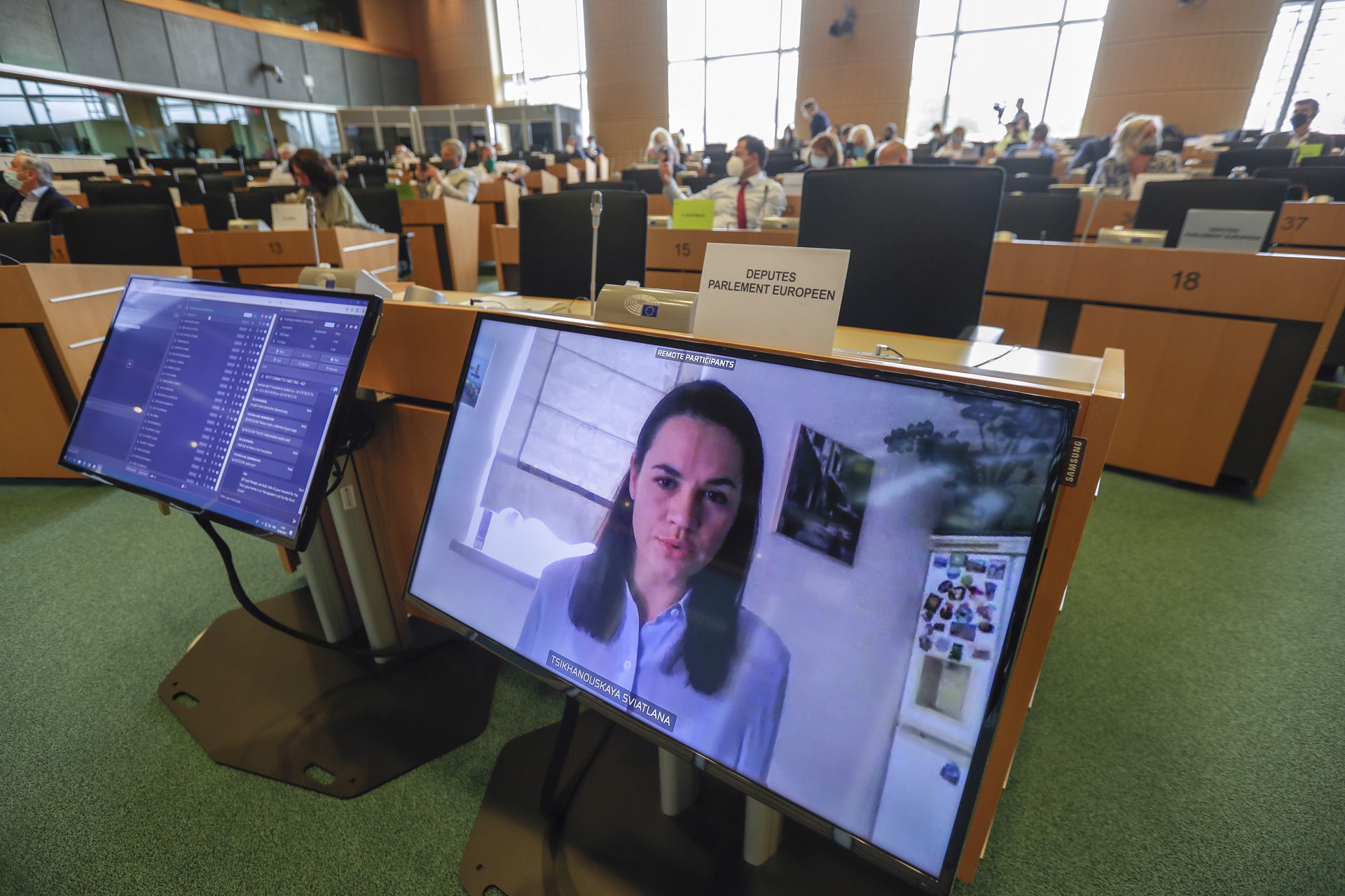 epa08624176 Belarus opposition leader Svetlana Tikhanovskaya speaks in video conference as Committee on Foreign Affairs of the European Parliament (AFET) holds an extraordinary meeting on the political situation in Belarus, in Brussels, Belgium, 25 August 2020. Large-scale civic protests against Lukashenka's regime continue following the presidential elections of 09 August, which were considered neither free nor fair by the European Union. AFET members will discuss actions the European Union should take to support the cause of democracy and freedoms in Belarus and reassess its cooperation with Minsk, including within the Eastern Partnership.  EPA/OLIVIER HOSLET
