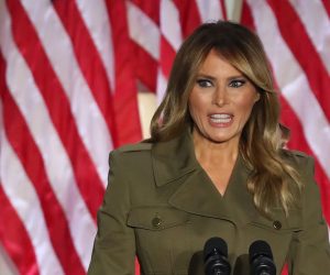 epa08625874 US First Lady Melania Trump delivers her speech during the second night of the Republican National Convention, in the Rose Garden at the White House in Washington, DC, USA, 25 August 2020. Due to the coronavirus pandemic the Republican Party has moved to a televised format for its convention.  EPA/MICHAEL REYNOLDS