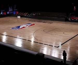 epa08627756 The court remains empty inside the AdventHealth Arena at the ESPN Wide World of Sports Complex in Kissimmee, Florida, USA, 26 August 2020. According to media reports the Milwaukee Bucks did not take the court for game five against the Orlando Magic, in a protest of the police shooting of 29 year old Jacob Blake, a Black man from Kenosha, Wisconsin, on 23 August 2020. The NBA has postponed all three games that were to take place 26 August 2020.  EPA/JOHN G. MABANGLO  SHUTTERSTOCK OUT