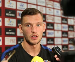 01.06.2019., Rijeka - Igraci Hrvatske  nogometne reprezentacije Borna Barisic i Mijo Caktas daju izjave u mix zoni na stadionu Rujevica. 
Photo:Goran Kovacic/PIXSELL