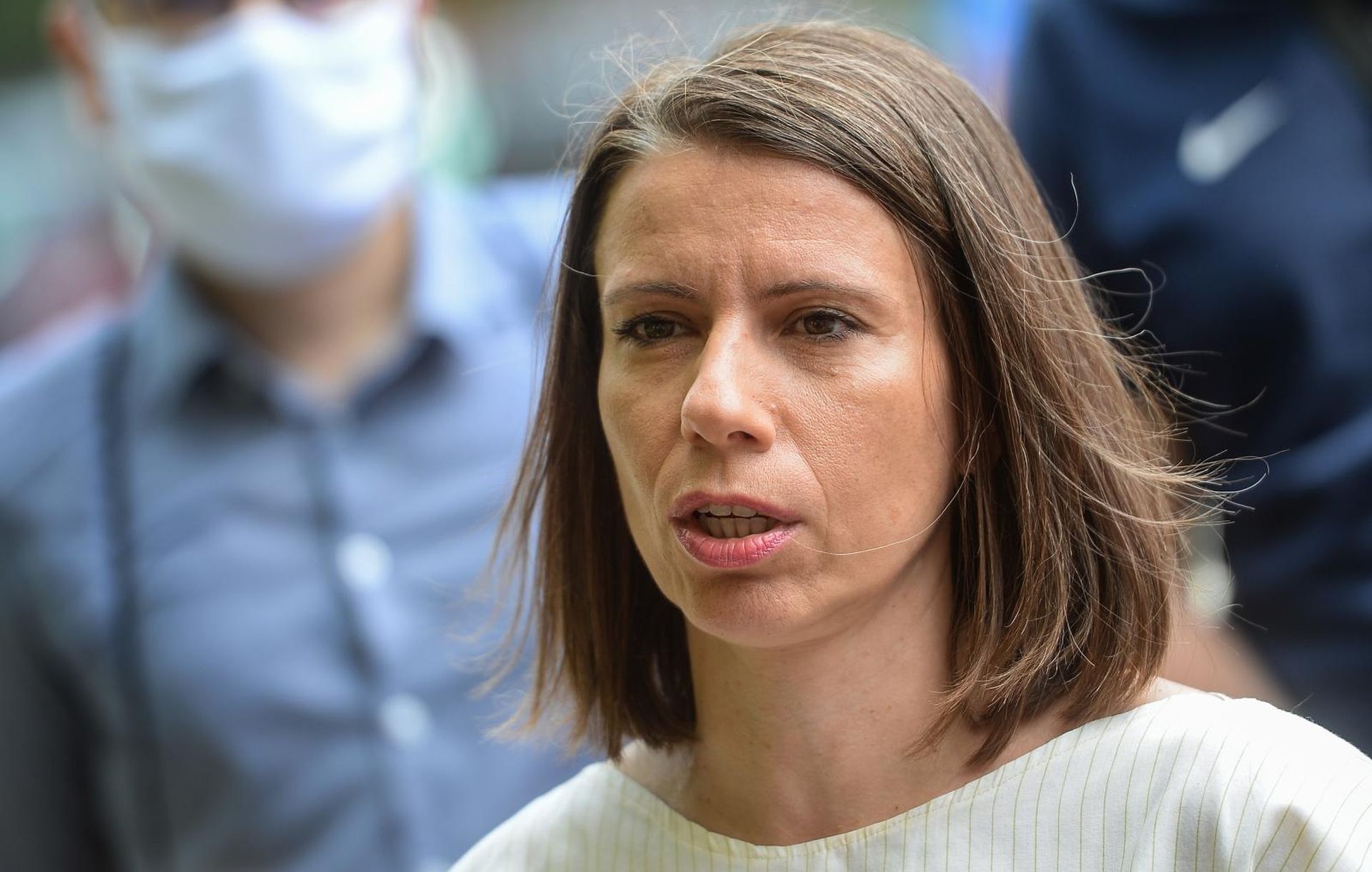 24.07.2020., Kras, Ravnice, Zagreb - Katarina Peovic, saborska zastupnica Radnicke fronte, odrzala konferenciju za medije ispred tvrtke Kras. Photo: Marko Prpic/PIXSELL