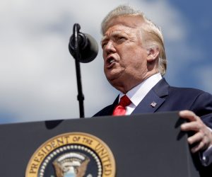 U.S. President Trump speaks at Mankato Regional Airport during campaign travel to Mankato, Minnesota U.S. President Donald Trump delivers a campaign speech at Mankato Regional Airport in Mankato, Minnesota, U.S., August 17, 2020. REUTERS/Tom Brenner TOM BRENNER