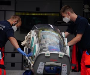 epa08617780 German Bundeswehr paramedics at the clinic after Russian opposition activist Alexei Navalny arrived at Charite clinic in Berlin, Germany, 22 August 2020. Navalny was first placed in an hospital in Omsk, Russia, after he felt bad on board of a plane on his way from Tomsk to Moscow. The flight was interrupted and after landing in Omsk Navalny was delivered to hospital with a suspicion on a toxic poisoning. The hospital management agreed on 21 August 2020 to transport Navalny to a German hospital for further treatment.  EPA/CLEMENS BILAN