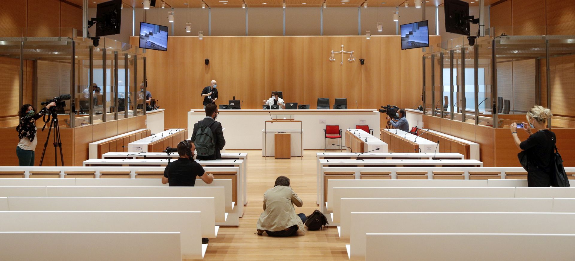 epa08628635 A view of the courtroom in which the Charlie Hebdo terror attack trial will be held at the courthouse in Paris, France, 27 August 2020. The trial will be held from 02 September to 10 November 2020. The Charlie Hebdo terrorist attacks in Paris happened on 07 January 2015, with the storming of armed Islamist extremists of the satirical newspaper, starting three days of terror in the French capital.  EPA/YOAN VALAT