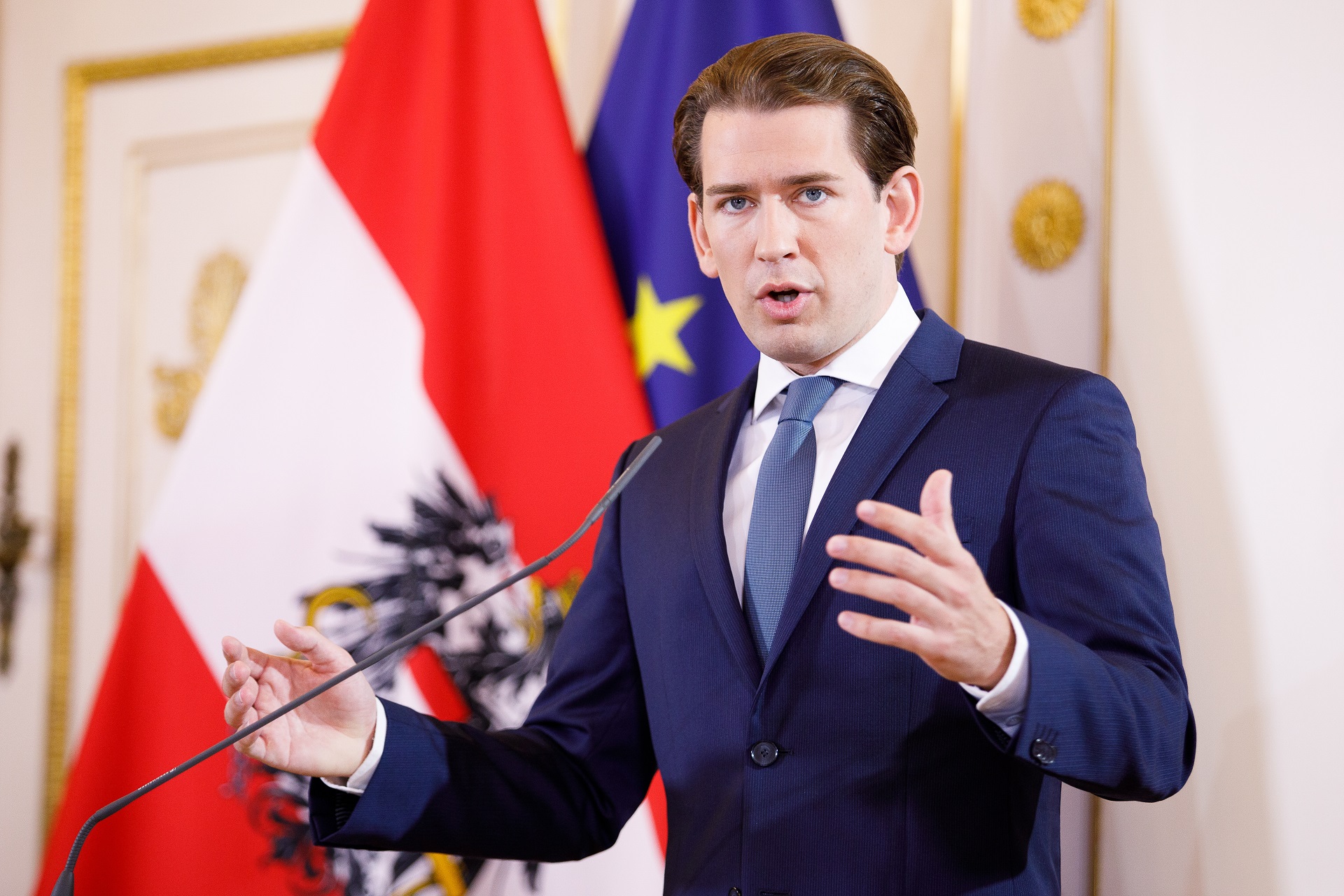 epa08631071 Austrian Chancellor Sebastian Kurz speaks during a press statement at the Austrian Chancellery in Vienna, Austria, 28 August 2020. Kurz gives a statement on the current situation and on the coming months with the main focus on economy and work, digitalization and education as well as social cohesion and civic engagement.  EPA/FLORIAN WIESER