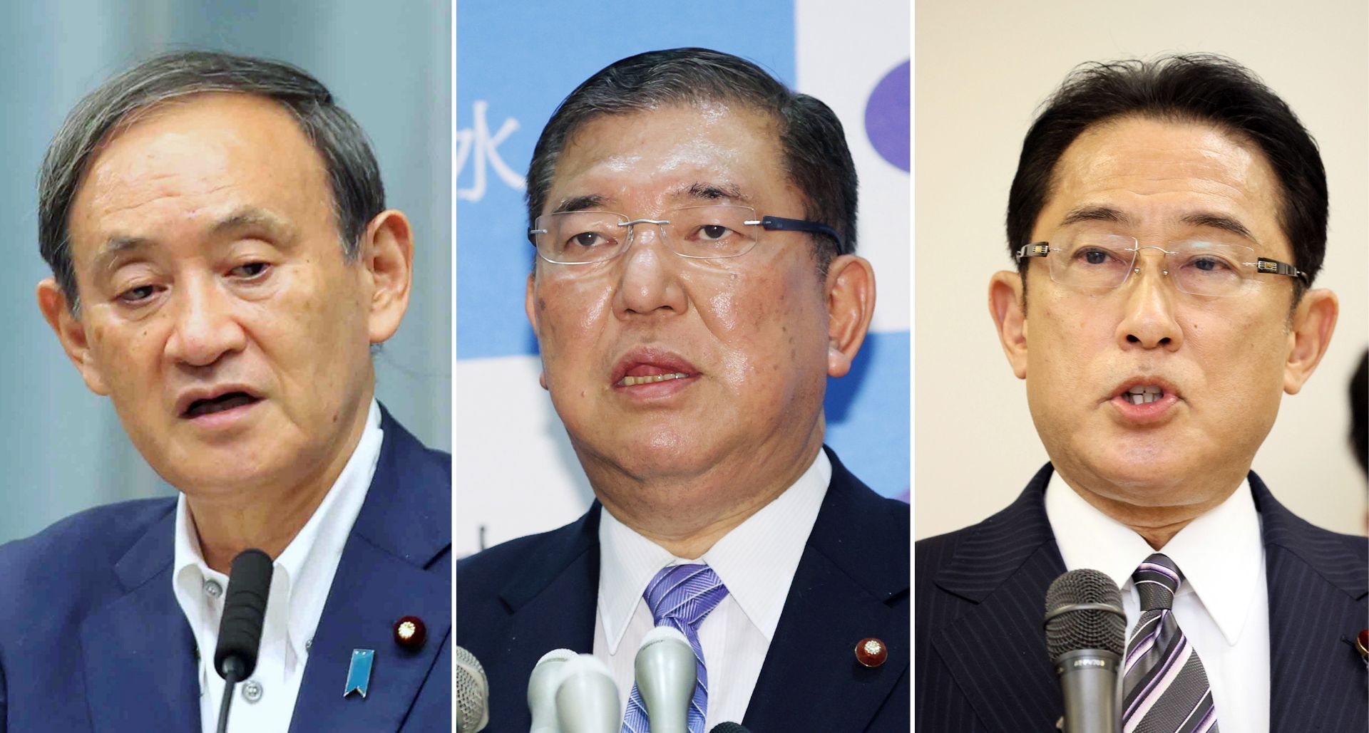 epa08638751 A combined photograph shows (L-R) Japan's Chief Cabinet Secretary Yoshihide Suga, Former Defense Minister Shigeru Ishiba, LDP policy chief and former Foreign Minister Fumio Kishida in Tokyo, Japan, 01 September 2020. According to media reports, Chief Cabinet Secretary Suga has a rising support from the ruling Liberal Democratic Party (LDP) lawmakers to succeed to outgoing Japanese Prime Minister Shinzo Abe.  EPA/JIJI PRESS JAPAN OUT EDITORIAL USE ONLY/  NO ARCHIVES