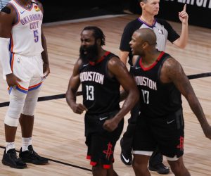 epa08642889 Oklahoma City Thunder guard Luguentz Dort (L) of Canada looks away as Houston Rockets guard James Harden (C) reacts after making a crucial defensive play as an official calls for a replay in the final seconds of the NBA basketball first round Western Conference playoff game seven between the Oklahoma City Thunder and Houston Rockets at the ESPN Wide World of Sports Complex in Kissimmee, Florida, USA, 02 September 2020.  EPA/ERIK S. LESSER SHUTTERSTOCK OUT