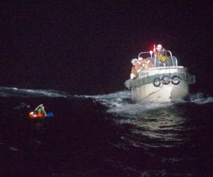 epa08643117 A handout photo made available by the Japan Coast Guard (JCG) 10th Coast Guard Headquarters shows Japan Coast Guard officers rescuing a Filipino crew member of the Gulf Livestock 1 cargo vessel, after it sank during Typhoon Maysak in the East China Sea, about 185km west of Amami-Oshima Island, Japan, 02 September 2020 (issued 03 September 2020). One survivor was rescued by JCG with over 40 crew members still missing.  EPA/JAPAN COAST GUARD 10TH REGIONAL COAST GUARD HEADQUARTERS HANDOUT JAPAN OUT HANDOUT EDITORIAL USE ONLY/NO SALES