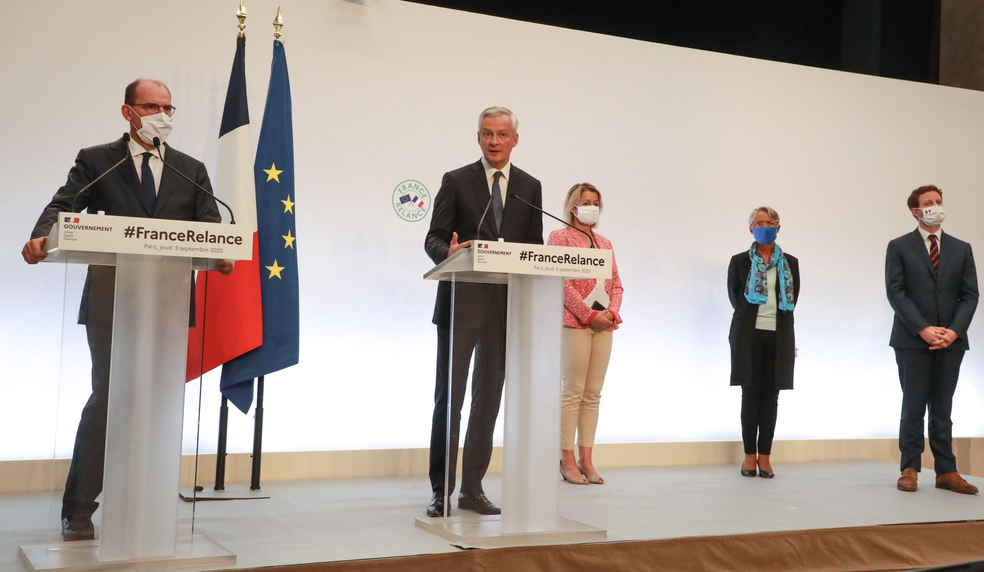 epa08643591 (L-R) French Prime Minister Jean Castex, French Economy and Finance Minister Bruno Le Maire, French Ecological Transition Minister Barbara Pompili, French Labour Minister Elisabeth Borne and French junior minister for European Affairs Clement Beaun during a press conference to present Government's crisis recovery plan for economy from the Covid-19 pandemic in Paris, France, 03 September 2020.  EPA/LUDOVIC MARIN / POOL  MAXPPP OUT