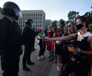 epa08649458 Belarus women take part in a women's demonstration across Minsk, Belarus, 05 September 2020. Opposition activists continue their daily protest actions, demanding new elections under international observation.  EPA/STRINGER