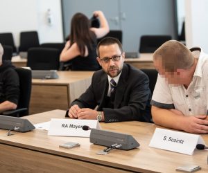 epa08652036 Defendant Sebastian S. (R) and his lawyer (C) in a courtroom of the Higher Regional court before the start of a trial of the so-called Freital group two, in Dresden, Germany, 07 September 2020. Group Freital two is a far-right terrorist group from Freital near Dresden. The defendants are accused of membership in a terrorist organization.  EPA/STR / POOL ATTENTION EDITORS: FACE PIXELATED IN ACCORDANCE WITH GERMAN LAW