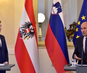 epa08653584 Austrian Chancellor Sebastian Kurz (L) and Slovenian Prime Minister Janez Jansa (R) during Kurz's one-day official visit to Slovenia, Ljubljana, Slovenia, 08 September 2020. The official talks are dominated by topical EU issues and bilateral cooperation as the countries deal with the Covid-19 pandemic and illegal migration.  EPA/IGOR KUPLJENIK