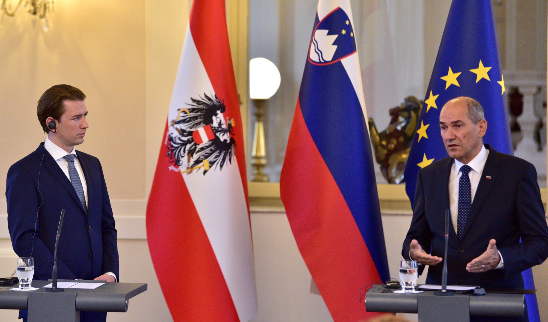epa08653584 Austrian Chancellor Sebastian Kurz (L) and Slovenian Prime Minister Janez Jansa (R) during Kurz's one-day official visit to Slovenia, Ljubljana, Slovenia, 08 September 2020. The official talks are dominated by topical EU issues and bilateral cooperation as the countries deal with the Covid-19 pandemic and illegal migration.  EPA/IGOR KUPLJENIK